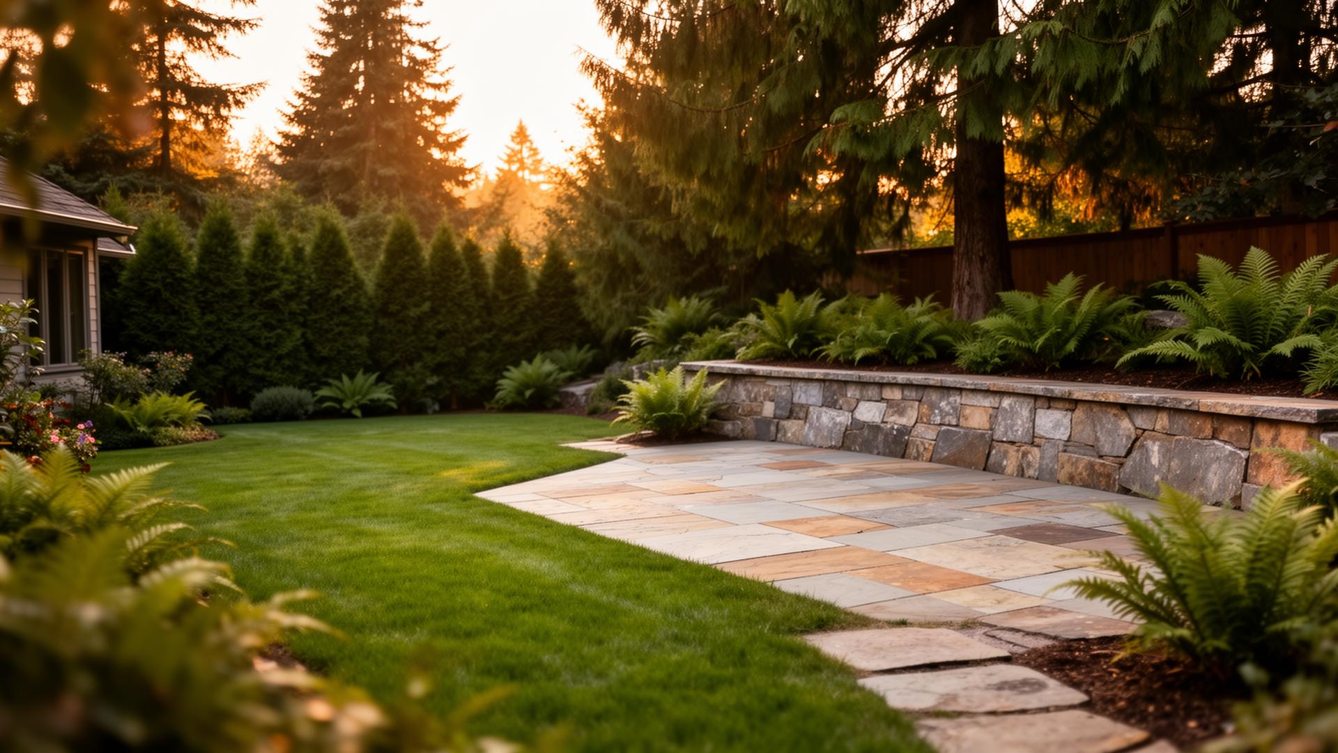 Beautifully landscaped Pacific Northwest backyard with stone patio and retaining wall at golden hour